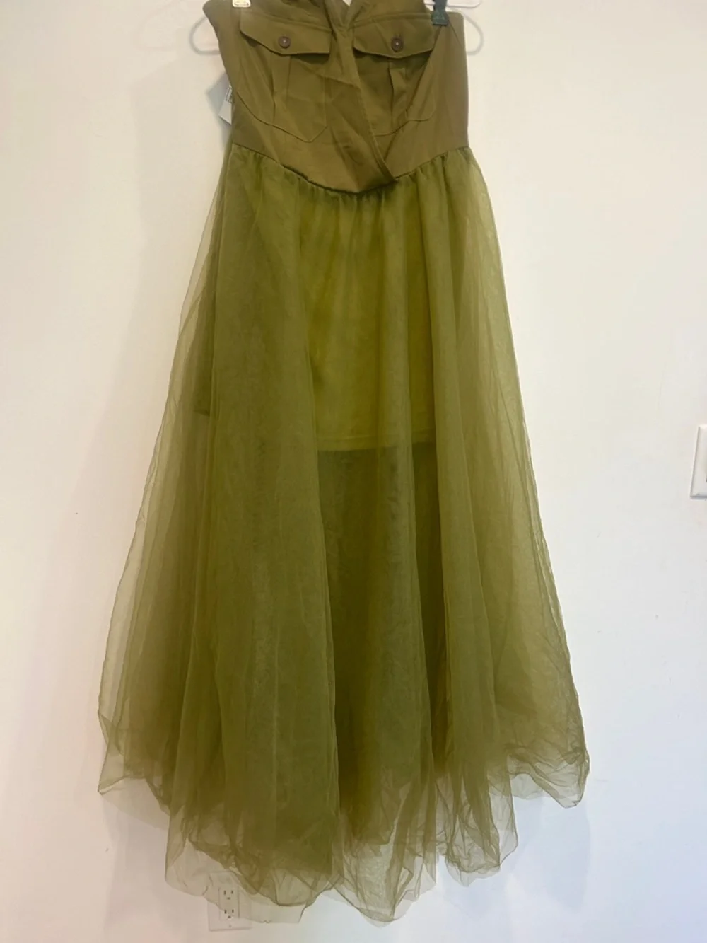 Ursime Olive Green Maxi Tulle halter cargo rocker Dress women’s medium new - Picture 3 of 10